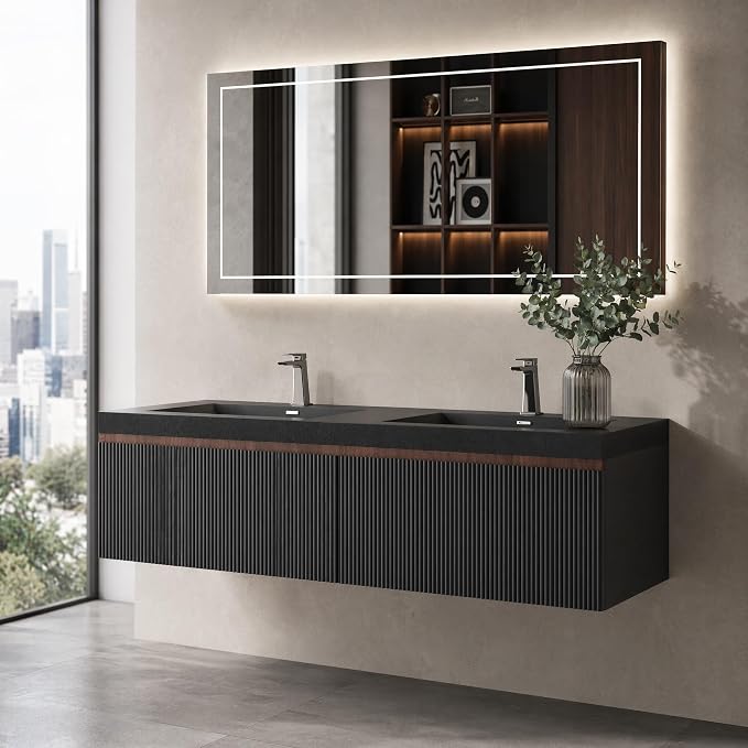 Floating Bathroom Vanity, 60" Wall Mounted Bathroom Cabinet with 2 Matte Black Quartz Sand Sinks & U-Shaped Soft-Close Drawers, Pre-Assembled Striped Storage Vanity for Bathroom, Walnut&Black