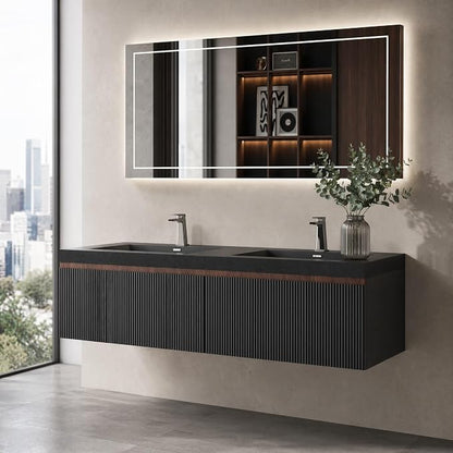 Floating Bathroom Vanity, 60" Wall Mounted Bathroom Cabinet with 2 Matte Black Quartz Sand Sinks & U-Shaped Soft-Close Drawers, Pre-Assembled Striped Storage Vanity for Bathroom, Walnut&Black