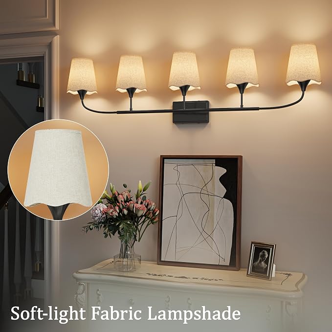 Morauroral Bathroom Light Fixtures Over Mirror, 5 Light Vanity Light for Bathroom, Black Vanity Light Fixtures with Fabric Linen Shade, E26 Socket Sconce Wall Decor(ETL Listed)