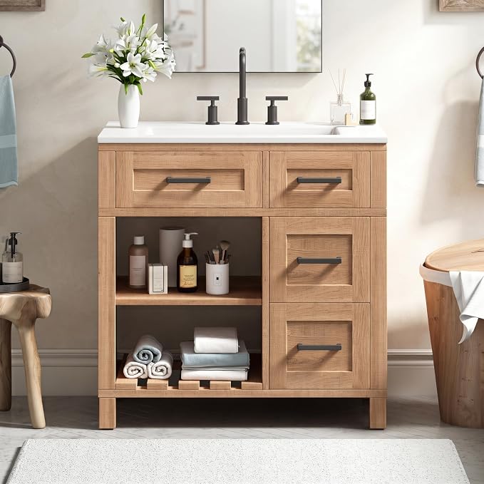 30" Mid-Century Bathroom Vanity with SMC Sink (Natural Wood Style2, 30") | Ample Storage Space with 2 Drawers, Adjustable Shelves & Open Breathable Hollow Shelf, Solid Wood Legs, Matte Black Handles