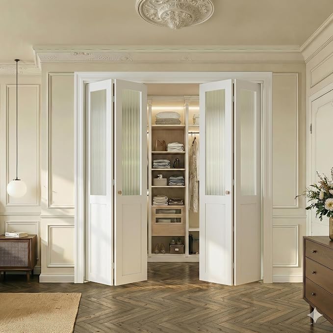 SMARTSTANDARD 48" x 80" Reeded Glass Bifold Closet Doors, Preassembled, MDF | Water-Proof PVC Surface, Half Tempered Glass with Hardware Kit, White Interior Slab for Kitchen, Closet, Pantry, White