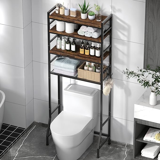 Over The Toilet Storage Rack,4-Tier Over Toilet Bathroom Organizer with Adjustable Wooden Shelves,Freestanding Space Saver Bathroom Cabinet Shelves Over Toilet,Over Toilet Storage, Vintage Brown