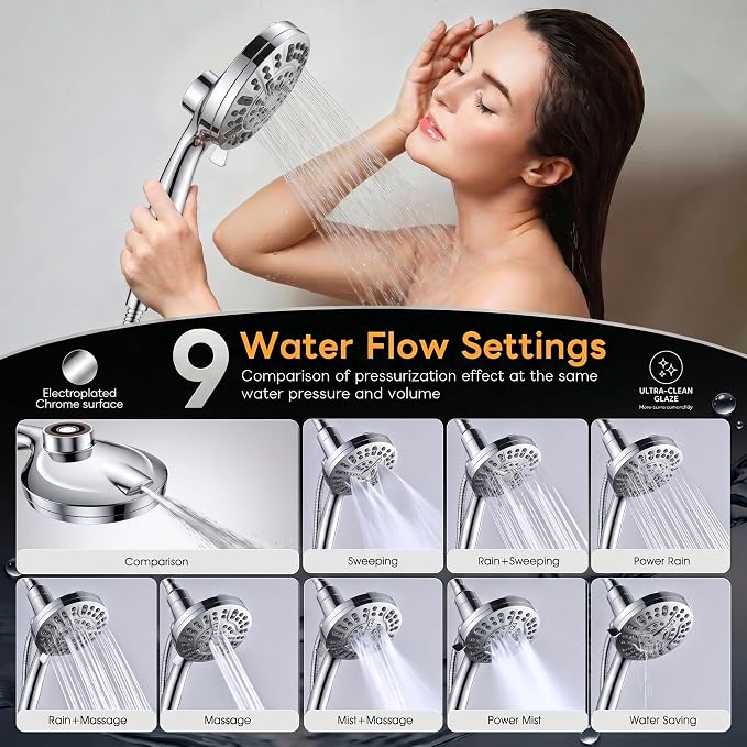 High Pressure Handheld Shower Head Chrome,9 Function Sprays Magnetic Rain Shower Head with Handheld,Anti-clog Nozzles, Built-in Power Wash to Clean Tub
