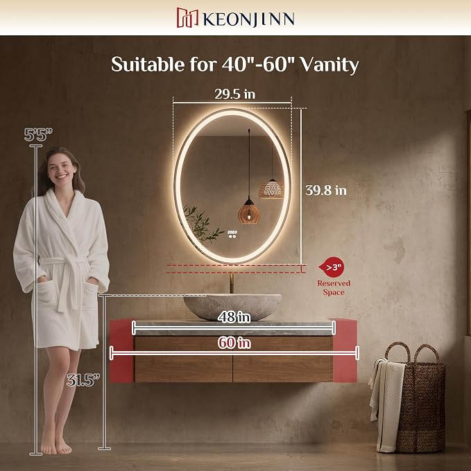 Keonjinn 40 x 30 Inch Oval LED Bathroom Mirror with Frontlit and Backlit | Tempered Glass, 3000K/4500K/6000K, Safe & Fast Defogging, Memory Function, Stepless Dimmable, Easy Install, Plug in/Hardwired