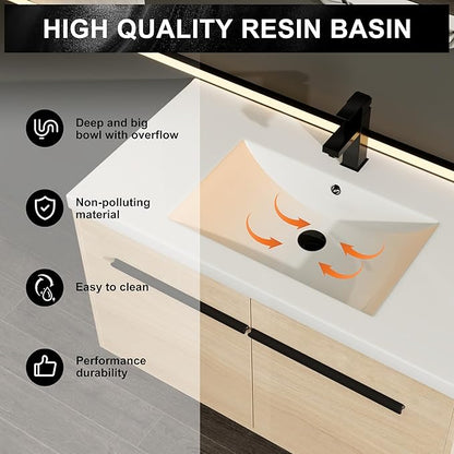 Henf 36 inch Bathroom Vanity with Sink, Wall Mounted Solid Wood Bathroom Vanities with White Integrated Sink and Storage Cabinet,Floating Modern 2 Doors Bathroom Cabinet Set with Black Handle,Oak