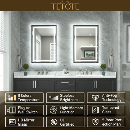 40 x 32 Led Mirror Brushed Gunmetal Gray/Off‑Black Metal Frame Frontlit & Backlit Vanity Mirror Anti-Fog Stepless Dimmable 3 Colors White/Warm/Natural Wall Mirror with Lights Wall-Mounted