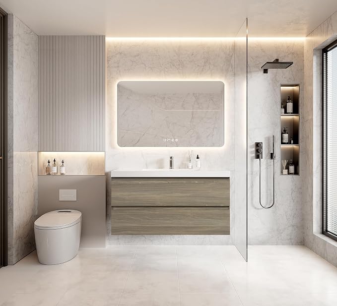 42 Inch Floating Bathroom Vanity with Sink, Large Storage Wall Mounted Floating Vanity with Soft Close Drawers, One-Piece Basin Bathroom Sink Cabinet (Ash Grey, 42 Inch)