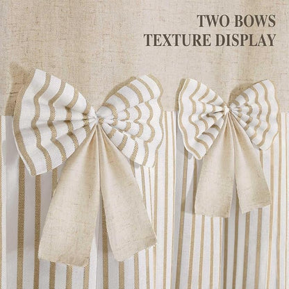 Farmhouse Shower Curtain Linen Bow Pleated Beige Stripe 72"W x 84"L | Farmhouse Style, Chic Bow, Striped, Linen Fabric, Rustic, Country, Natural Look, Washable, for Bathroom Bathtub