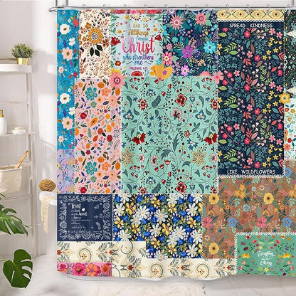 Boho Patchwork Floral Shower Curtain - Vintage Bohemian Colorful Flowers With Inspirational Quotes, Retro Funky Wildflower Hippie Eclectic Pattern, Fabric Waterproof 72"x72"