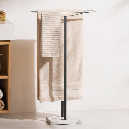 Bathroom Towel Rack Freestanding Floor Stand: Black 36in 2‑Bar Weighted Marble Base Towel Holder, Rustproof 304 Stainless Steel Drying Rack for Bath&Hand Towels, No‑Drill Slim Organizer, Spa Pool