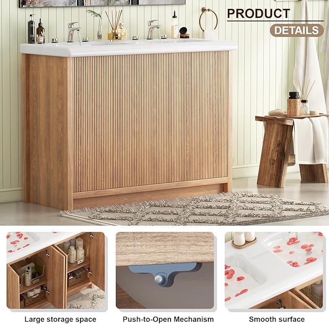 Bathroom Vanity with Double Sink 48 Inch, Modern Thickened Wood Bathroom Storage Cabinet, Freestanding Storage Bathroom Vanity with 4 Doors, Nature Wood