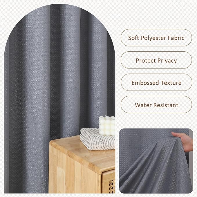 Extra Long Grey Shower Curtain 96 Inch Long 1 Piece, Waffle Embossed Textured Fabric Shower Curtain for Bathroom Large Hotel, Water Resistant, Machine Washable, 72Wx96L Inches