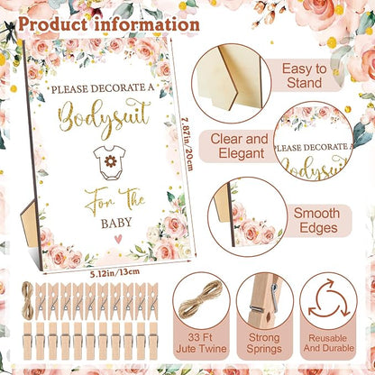 Panitay 126 Pcs Baby Shower DIY Bodysuit Set Bib 25 Blank White Newborn Bodysuit 25 Stencils 24 Marker 1 Sign 50 Pins(Floral)