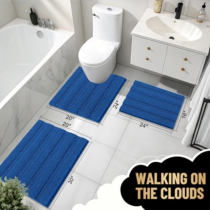 OLANLY Thick Bathroom Runner Rugs 44x24, Chenille Bath Rugs, Deep Navy Blue | Absorbent Striped, Rubber Backing, Machine Wash, Long Bath Mats for Bathroom Floor, Tub and Shower, Home Decor Accessories