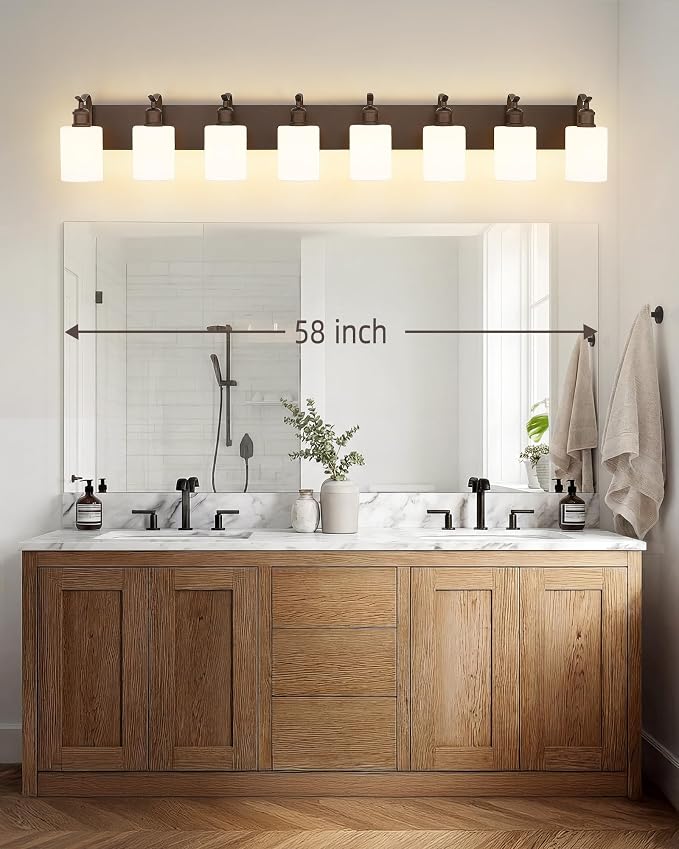 8-Light Bathroom Vanity Light,White Frosted Glass,Oil Rubbed Bronze | 56 Inch Over Mirror Wall Light,E26 sockets,for bathroom mirror,powder room,dressing area