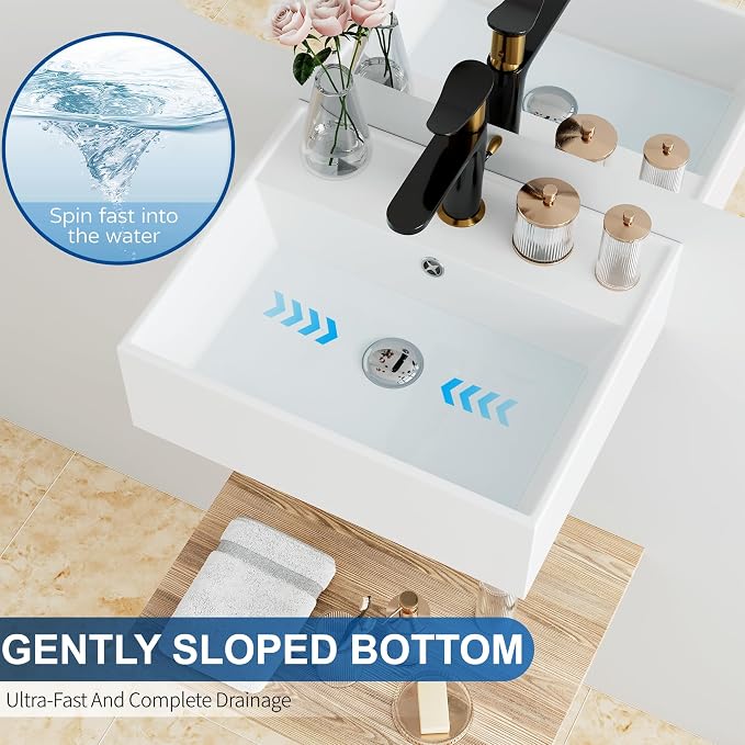 Floating Bathroom Vessel Sink Wall Mount, Hugsleek 16 x 13 inch Rectangle White Porcelain Ceramic Vessel Sink Wall Mounted Hang Bath Sink Bowl Basin Lavatory Vanity Restroom With Faucet Hole Overflow