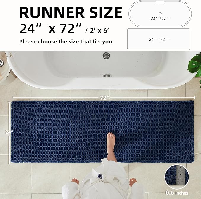 TYUU Waffle Runner Rug Bathroom, Long Boho Bath Mat, 72x24 Navy Blue | Super Absorbent Quick Dry Bath Rug, Non-Slip Backing, Soft Waffle Washable Farmhouse Bathroom Mats, Tub, Shower & Home Decor