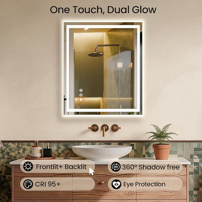 30x36 LED Bathroom Mirror with Anti-Fog, Backlit & Front Lights, Memory | Dimmable 3 Color CRI 95+ Shatterproof Tempered Glass ETL Listed for Safety Lighted Bathroom Vanity Mirror for Wall