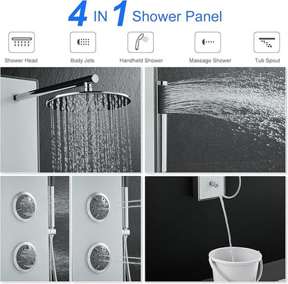 MENATT White Glass Shower Panel Tower System, 304 Stainless Steel and Glass 4 in 1 Shower Tower System with 9-inch Shower Head, 3 Body Massage Jets, Handheld Shower and Tub Spout