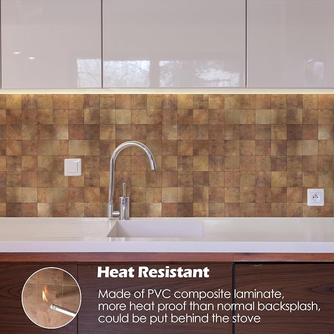 Yipscazo 20-Sheets Peel and Stick Backsplash Mosaic Tile Stainless Steel Kitchen Backsplash Retro Brown Stick on Tiles for Kitchen, Bathroom, Laundry Room, Camper, Fireplace