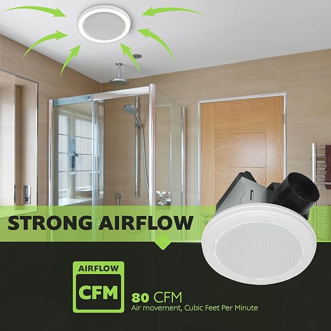 Homewerks 7130-18-BT Bathroom Fan with LED Light and Bluetooth Speaker 80 CFM 1.5 Sones White 4000 Kelvin CCT Light 600 Lumens