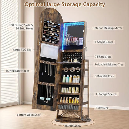 HWB Arched LED Jewelry Cabinet with Full-Length Mirror & Storage Shelves