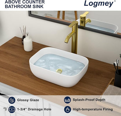 Logmey 18 Inch Bathroom Sink 18x14 Countertop Vessel Sink Rectangular Large Porcelain Ceramic White Bathroom Sink Modern Above Counter Vanity Sink Bowl