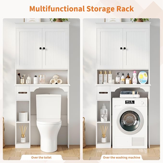GarveeHome Over the Toilet Cabinet, Double Door Bathroom Storage Organizer, Toilet Rack with Open Storage Shelf, FreeStanding Toilet Shelf Space Saver, for Bathroom, Restroom, Laundry