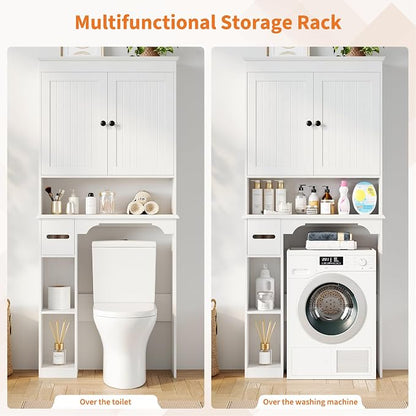 GarveeHome Over the Toilet Cabinet, Double Door Bathroom Storage Organizer, Toilet Rack with Open Storage Shelf, FreeStanding Toilet Shelf Space Saver, for Bathroom, Restroom, Laundry