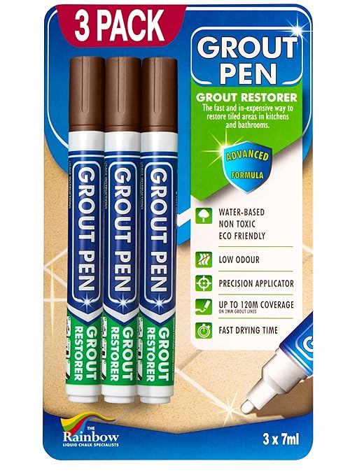Grout Pen Brown Tile Grout Paint Marker - Narrow 5mm Tip (7mL) - 3 Pack | Waterproof Grout Refresh Restorer for Kitchen & Bathroom, Colorant and Sealer Pens for Cleaner Looking Grout Lines - Brown