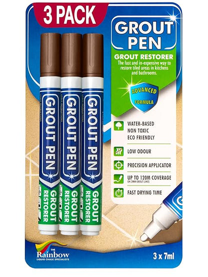 Grout Pen Brown Tile Grout Paint Marker - Narrow 5mm Tip (7mL) - 3 Pack | Waterproof Grout Refresh Restorer for Kitchen & Bathroom, Colorant and Sealer Pens for Cleaner Looking Grout Lines - Brown