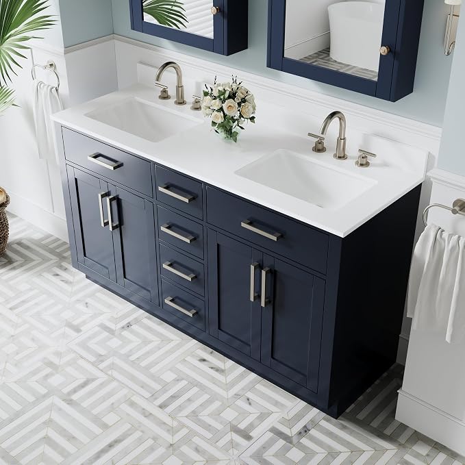 60-Inch Bathroom Vanity with Double Sinks W/ 4 Doors & 4 Drawers & 2 Flip Drawers, Navy Blue Vanity W/Brushed Nickel Handles