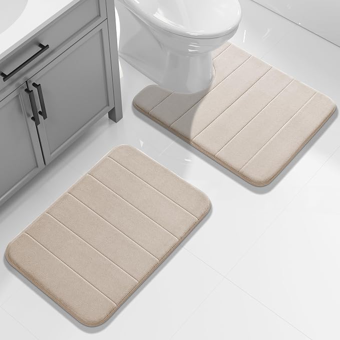 Yimobra Memory Foam Toilet Bath Mat U-Shaped, Soft and Comfortable, Super Water Absorption, Non-Slip, Thick, Machine Wash and Easier to Dry for Bathroom Commode Contour Rug, 24 X 20 Inches, Beige