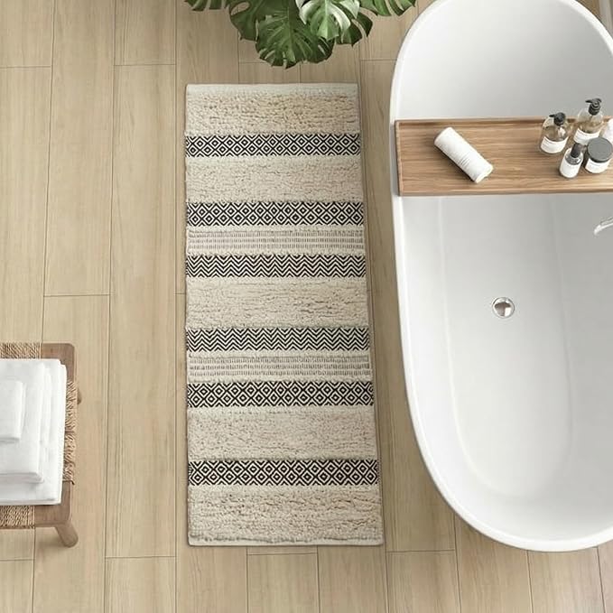 INK+IVY Asher Non-Slip Bath Rug Absorbent Quick Dry, 22 x 58, Black | Soft Pile, Machine Washable, Striped Pattern, Boho, OEKO-TEX Certified, Hand-Woven Texture, for Bathroom, Shower Room