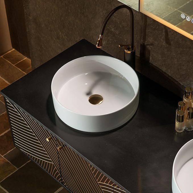 Woodbridge 60"X22" Wall Mounted Vanity with Double Ceramic Round Vessel Sinks,Black Engineered Stone Vanity Top,Floating Design with Hand-Painted Black & Gold Accents,Space-Saving for Modern Living