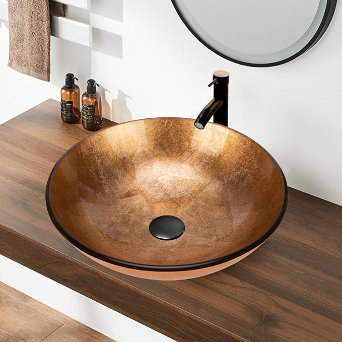 YIMAI 16" Gold Glass Vessel Sink Tempered Glass Above-Counter Bathroom Sink Bowl, Countertop Vanity Basin with Matching Faucet & Pop-Up Drain Included, Easy Install for Master or Powder Room