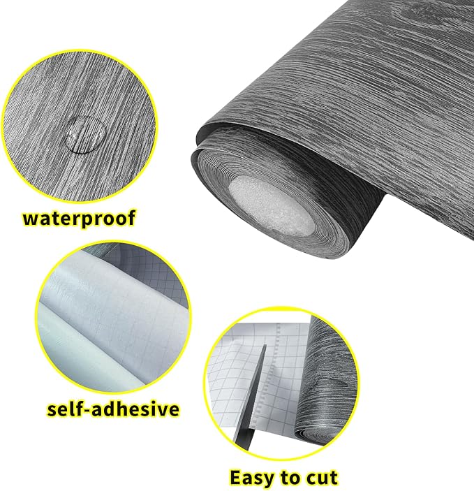 Teemall 10M Black Wood Grain Removable PVC Waterproof Border Wall Decor Removable Self Adhesive Kitchen Bathroom Tiles Sticker Wallpaper 4.2x390 (Dark Gray, 4" x 390")