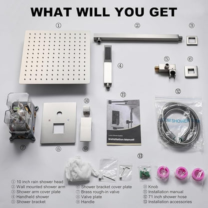 Shower Faucet Set, Shower System with 10 Inch Rain Showerhead and Handheld Shower, Wall Mounted High-Pressure Showerhead Combo Set Included Valve and Trim, Brushed Nickel