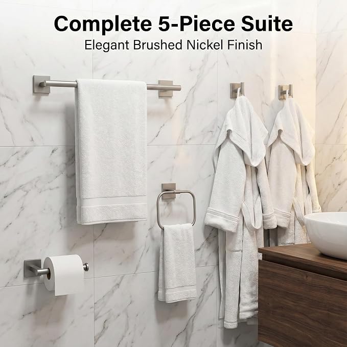 16 in 5-Piece Bathroom Hardware Set, Brushed Nickel | SUS304 stainless steel, towel bar, towel ring, toilet paper holder, 2 robe hooks, hidden screw mount