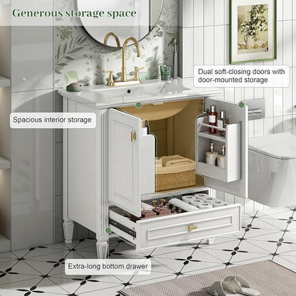 Merax 30 Inch Bathroom Vanities with Undermount Sink, Vanity Cabinet with Door Rack Shelf, Multi-Functional Drawer with Dividers, Soft Closing Doors, White