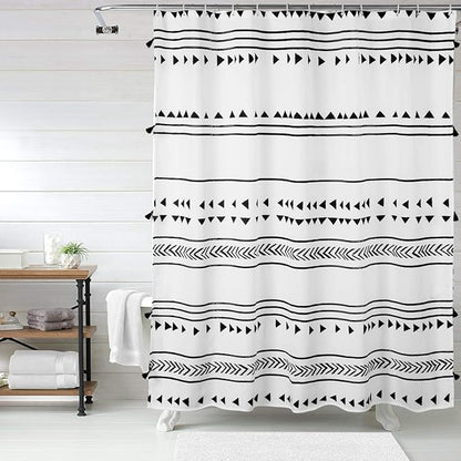 Uphome Extra Long Fabric Shower Curtain for Bathroom, Black and White Boho Shower Curtain Set Chic Triangle Geometric Tassel Cloth Bath Curtains, Waterproof Machine Washable for Modern Bathtub 72 x 78