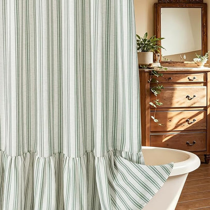 ORTIGIA Linen Textured Ruffle Shower Curtain 72x72 Inch with Metal Hooks, Vintage Cream-Green Waterproof Bath Curtain for Rustic Farmhouse Bathroom Decor