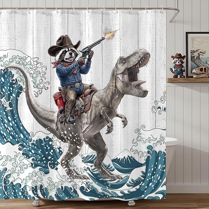 Accnicc Funny Raccoon Dinosaur Shower Curtain for Bathroom 72 X 72 Inch | Fun Cool Animal Dino Shower Curtains, Japanese Ocean Wave Kids Bath Curtain Decor, Water-Resistant Washable Polyester Fabric