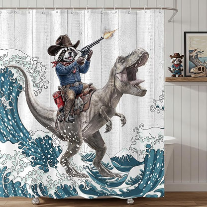 Accnicc Funny Raccoon Dinosaur Shower Curtain for Bathroom 72 X 72 Inch | Fun Cool Animal Dino Shower Curtains, Japanese Ocean Wave Kids Bath Curtain Decor, Water-Resistant Washable Polyester Fabric