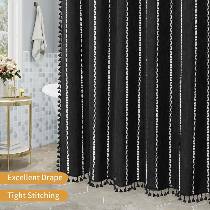 Boho Striped Tassel Linen Shower Curtain,3D Embroidery Stripe Black,54x72 | Wide Stall,310GSM Linen Texture Heavy Duty Cloth,Water Repellent,Chic Cottagecore French Rustic Farmhouse,Wrinkle Resistant