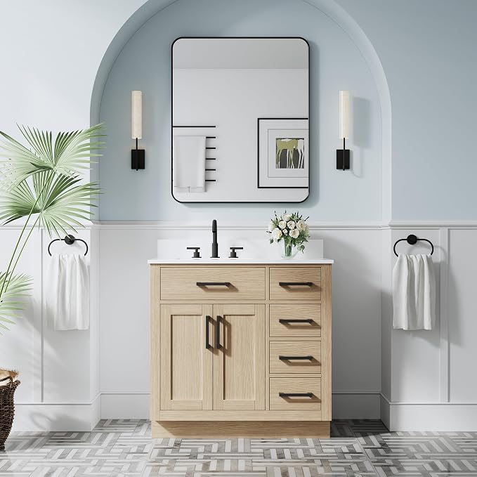 36-Inch Bathroom Vanity with Sink W/ 2 Doors & 4 Drawers & 1 Flip Drawer, Oak Vanity W/Matte Black Handles