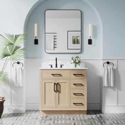 36-Inch Bathroom Vanity with Sink W/ 2 Doors & 4 Drawers & 1 Flip Drawer, Oak Vanity W/Matte Black Handles