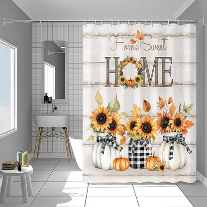 Tijuboni Fall Sunflower Pumpkin Shower Curtain, Farmhouse Home Sweet Home Bathroom Decor, Rustic Maple Leaf Waterproof Fabric Curtain for Harvest Thanksgiving Gifts 72x72 Inch