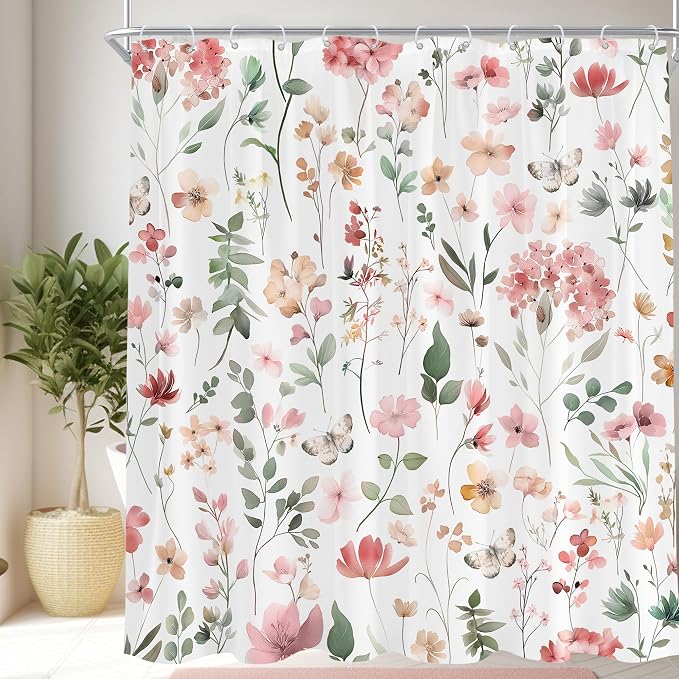 Pink Blush Coral Flower Floral Peach Watercolor Bathroom Shower Curtain Set | 72"W x 78"H Cute Wildflower; waterproof HD print, quick-dry fabric and plastic hooks for easy setup.