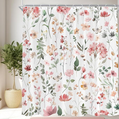 Pink Blush Coral Flower Floral Peach Watercolor Bathroom Shower Curtain Set | 72"W x 78"H Cute Wildflower; waterproof HD print, quick-dry fabric and plastic hooks for easy setup.